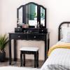 Giantex Vanity Set with Tri-Folding Mirror and 4 Drawers, Makeup Dressing Table with Cushioned Stool for Girls Women, Modern Bedroom Bathroom Makeup Table with Stool (Black)(Black)