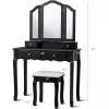 Giantex Vanity Set with Tri-Folding Mirror and 4 Drawers, Makeup Dressing Table with Cushioned Stool for Girls Women, Modern Bedroom Bathroom Makeup Table with Stool (Black)(Black)