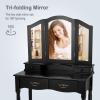 Giantex Vanity Table Set with Tri-Folding Mirror, Makeup Dressing Table with 4 Drawers, Bedroom Vanity with Padded Stool, Room Desk Vanities, Black