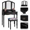 Giantex Vanity Table Set with Tri-Folding Mirror, Makeup Dressing Table with 4 Drawers, Bedroom Vanity with Padded Stool, Room Desk Vanities, Black