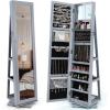 CHARMAID 360° Swivel Jewelry Armoire with Higher Full Length Mirror, Standing Lockable Jewelry Cabinet Organizer with Large Storage Capacity, Inside Makeup Mirror, Back Storage Shelves (Walnut)(Gray)