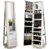CHARMAID 360° Swivel Jewelry Armoire with Higher Full Length Mirror, Standing Lockable Jewelry Cabinet Organizer with Large Storage Capacity, Inside Makeup Mirror, Back Storage Shelves (Walnut)(Grayish White)