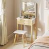 CHARMAID Small Vanity Desk with Mirror, White Makeup Vanity Desk with 3 Drawers, Adjustable Heights, Compact Bedroom Dressing Table with Stool for Small Space(White & Natural)