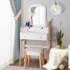 CHARMAID Small Vanity Desk with Mirror, White Makeup Vanity Desk with 3 Drawers, Adjustable Heights, Compact Bedroom Dressing Table with Stool for Small Space(White & Natural (No Light))