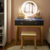 CHARMAID Vanity Desk with Mirror and Lights, White Makeup Vanity Desk with 4 Drawers, 3 Color Lighting Modes, Adjustable Brightness, Modern Dressing Table with Vanity Stool for Girls Small Bedroom(Navy Blue + Warm Wood)