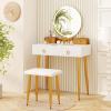 CHARMAID Vanity Desk with Mirror and Lights, White Makeup Vanity Desk with 4 Drawers, 3 Color Lighting Modes, Adjustable Brightness, Modern Dressing Table with Vanity Stool for Girls Small Bedroom(White + Gold)