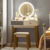 CHARMAID Vanity Desk with Mirror and Lights, White Makeup Vanity Desk with 4 Drawers, 3 Color Lighting Modes, Adjustable Brightness, Modern Dressing Table with Vanity Stool for Girls Small Bedroom(White + Gray + Warm Wood)