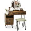 CHARMAID Vanity Desk with Reversible Side Cabinet, Makeup Vanity Table with Lighted Mirror, 3 Color Lights, 4 Drawers, Bedroom Dressing Table with Nightstand and Stool, Rustic Brown(Rustic Brown)