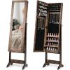 Giantex Jewelry Cabinet with Full-Length Mirror, Standing Jewelry Armoire Organizer with 64 Earring Slots, 72 Ring Slots, 20 Necklace Hooks, 4 Storage Shelves, 3 Angle Adjustable (Black)(Rustic Brown)