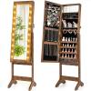 Giantex Standing Jewelry Armoire with 18 LED Lights Around the Door, Large Storage Mirrored Jewelry Cabinet with Full Length Mirror, 16 Lipstick Holders, 1 Inside Makeup Mirror (White)(Rustic Brown)