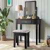 Giantex Vanity Dressing Table Stool Set, for Bedroom Vanities Furniture with Large 360° Rotating Makeup Mirror Solid Wood Legs Padded Linen Fabric Bench, Vanity Tables with Drawers, Black（1 Drawer）