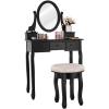 Giantex Vanity Makeup Table Set Bedroom Furniture with Cushioned Padded Stool & 5 Drawer Round 360 Degree Rotation Swivel Mirror Dressing Table Stool Wooden Vanity Set (Black with 5 Drawer)
