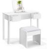 Giantex Vanity Set with Flip Top Mirror and Cushioned Stool, Makeup Dressing Table Writing Desk with 2 Drawers & 3 Removable Organizers, Makeup Table Set Easy Assembly, White(White)