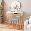 Giantex Vanity Set with Round Lighted Mirror, Makeup Dressing Table with 8 Light Bulbs and Brightness Adjustable, Bedroom Makeup Table with Cushioned Stool and 2 Sliding Drawers (White)(Natural)