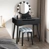 Giantex Vanity Set with Round Lighted Mirror, Makeup Dressing Table with 8 Light Bulbs and Brightness Adjustable, Bedroom Makeup Table with Cushioned Stool and 2 Sliding Drawers (White)(Black)