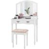 Giantex Vanity Set with Tri-Folding Mirror, Makeup Dressing Table with 4 Drawers and Storage Shelf, Modern Bedroom Bathroom Makeup Vanity Desk with Cushioned Stool for Girls Women (Black)(White)