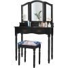 Giantex Vanity Set with Tri-Folding Mirror, Makeup Dressing Table with 4 Drawers and Storage Shelf, Modern Bedroom Bathroom Makeup Vanity Desk with Cushioned Stool for Girls Women (Black)(Black)