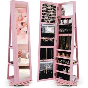 CHARMAID 360° Swivel Jewelry Armoire with Higher Full Length Mirror, Standing Lockable Jewelry Cabinet Organizer with Large Storage Capacity, Inside Makeup Mirror, Back Storage Shelves (Walnut)(Pink)