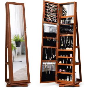 CHARMAID 360° Swivel Jewelry Armoire with Higher Full Length Mirror, Standing Lockable Jewelry Cabinet Organizer with Large Storage Capacity, Inside Makeup Mirror, Back Storage Shelves (Walnut)(Walnut)