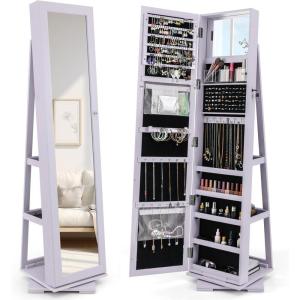 CHARMAID 360° Swivel Jewelry Armoire with Higher Full Length Mirror, Standing Lockable Jewelry Cabinet Organizer with Large Storage Capacity, Inside Makeup Mirror, Back Storage Shelves (Walnut)(Lavender)