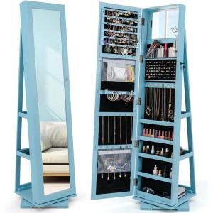 CHARMAID 360° Swivel Jewelry Armoire with Higher Full Length Mirror, Standing Lockable Jewelry Cabinet Organizer with Large Storage Capacity, Inside Makeup Mirror, Back Storage Shelves (Walnut)(Sky Blue)