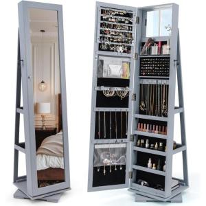 CHARMAID 360° Swivel Jewelry Armoire with Higher Full Length Mirror, Standing Lockable Jewelry Cabinet Organizer with Large Storage Capacity, Inside Makeup Mirror, Back Storage Shelves (Walnut)(Gray)