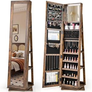 CHARMAID 360° Swivel Jewelry Armoire with Higher Full Length Mirror, Standing Lockable Jewelry Cabinet Organizer with Large Storage Capacity, Inside Makeup Mirror, Back Storage Shelves (Walnut)(Vintage Brown)