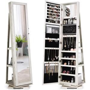 CHARMAID 360° Swivel Jewelry Armoire with Higher Full Length Mirror, Standing Lockable Jewelry Cabinet Organizer with Large Storage Capacity, Inside Makeup Mirror, Back Storage Shelves (Walnut)(Grayish White)