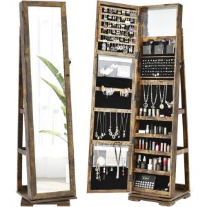 CHARMAID 360° Swivel Jewelry Armoire with Higher Full Length Mirror, Standing Lockable Jewelry Cabinet Organizer with Large Storage Capacity, Inside Makeup Mirror, Back Storage Shelves (Walnut)(Rustic Brown)