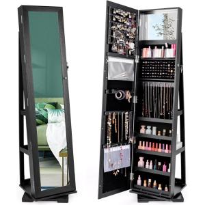 CHARMAID 360° Swivel Jewelry Armoire with Higher Full Length Mirror, Standing Lockable Jewelry Cabinet Organizer with Large Storage Capacity, Inside Makeup Mirror, Back Storage Shelves (Walnut)(Black)