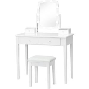 CHARMAID Girls Makeup Vanity Desk with Mirror and Lights, Vanity Table with 10 LED Bulbs, 3 Lighting Modes, Modern Bedroom Dressing Table with 4 Storage Drawers & Vanity Stool (White)(White)
