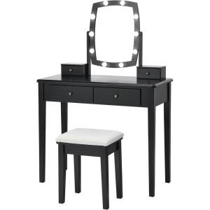 CHARMAID Girls Makeup Vanity Desk with Mirror and Lights, Vanity Table with 10 LED Bulbs, 3 Lighting Modes, Modern Bedroom Dressing Table with 4 Storage Drawers & Vanity Stool (White)(Black)