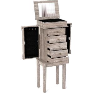 CHARMAID Gray Cabinet, 5 Drawers Jewelry Armoire with Mirror, Swing Doors, Necklace Hooks, Standing Organizer, Large