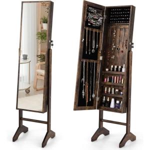 CHARMAID Jewelry Organizer with Full Length Mirror, Standing Jewelry Armoire Cabinet with Lockable Door and 2 Keys, Stand up Jewelry Box, Mirror with Jewelry Storage (Rustic Brown)(Rustic Brown)
