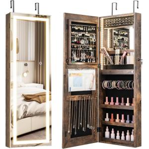 CHARMAID LED Mirror Jewelry Cabinet, 47.2” Jewelry Armoire with Adjustable Lighted Full Length Mirror, Wall Mounted or Door Hanging, Lockable Jewelry Organizer Storage (Black, 47.2”H)(Rustic Brown)
