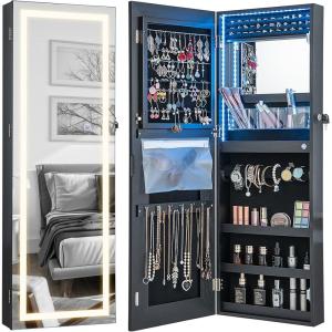 CHARMAID LED Mirror Jewelry Cabinet, 47.2” Jewelry Armoire with Adjustable Lighted Full Length Mirror, Wall Mounted or Door Hanging, Lockable Jewelry Organizer Storage (Black, 47.2”H)(Black)