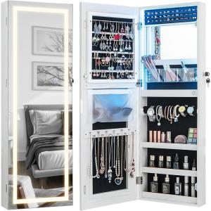 CHARMAID LED Mirror Jewelry Cabinet, 47.2” Jewelry Armoire with Adjustable Lighted Full Length Mirror, Wall Mounted or Door Hanging, Lockable Jewelry Organizer Storage (Black, 47.2”H)(Grayish White)