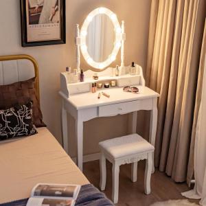 CHARMAID LED Vanity Desk with Lighted Mirror, 10 Dimming Bulbs, 5 Drawers, 3 Storage Organizers, Makeup Vanity Desk with Stool, Bedroom Dressing Table, Gift for Girls Women (White)(White)
