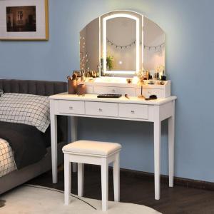 CHARMAID Makeup Vanity Desk with Lights and Mirror, Tri-Folding Lighted Mirror with 3 Color Modes, Vanity Table Set with 6 Drawers, 12 Storage Compartments & Cushioned Stool for Bedroom, Black(White)