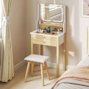 CHARMAID Small Vanity Desk with Mirror, White Makeup Vanity Desk with 3 Drawers, Adjustable Heights, Compact Bedroom Dressing Table with Stool for Small Space(White & Natural)