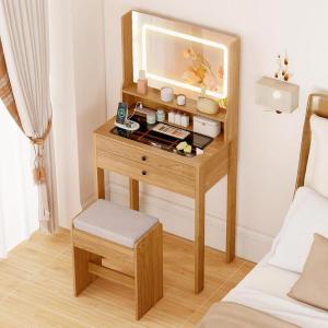 CHARMAID Small Vanity Desk with Mirror, White Makeup Vanity Desk with 3 Drawers, Adjustable Heights, Compact Bedroom Dressing Table with Stool for Small Space(Rustic Oak)