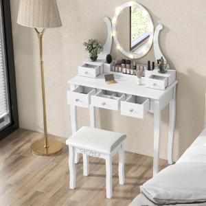 CHARMAID Vanity Desk with Mirror and Lights, Makeup Vanity Table with 5 Storage Drawers, 3 Color Lighting Modes, Adjustable Brightness, Modern Bedroom Dressing Table with Vanity Stool, Black(White)