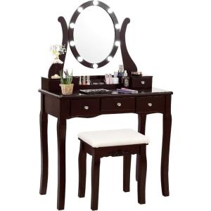 CHARMAID Vanity Desk with Mirror and Lights, Makeup Vanity Table with 5 Storage Drawers, 3 Color Lighting Modes, Adjustable Brightness, Modern Bedroom Dressing Table with Vanity Stool, Black(Espresso)