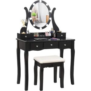 CHARMAID Vanity Desk with Mirror and Lights, Makeup Vanity Table with 5 Storage Drawers, 3 Color Lighting Modes, Adjustable Brightness, Modern Bedroom Dressing Table with Vanity Stool, Black(Black)
