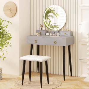 CHARMAID Vanity Desk with Mirror and Lights, White Makeup Vanity Desk with 4 Drawers, 3 Color Lighting Modes, Adjustable Brightness, Modern Dressing Table with Vanity Stool for Girls Small Bedroom(Gray + Black)
