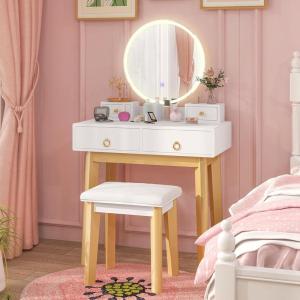 CHARMAID Vanity Desk with Mirror and Lights, White Makeup Vanity Desk with 4 Drawers, 3 Color Lighting Modes, Adjustable Brightness, Modern Dressing Table with Vanity Stool for Girls Small Bedroom(White + Warm Wood)