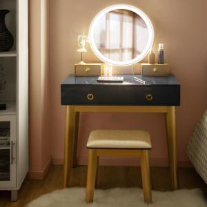 CHARMAID Vanity Desk with Mirror and Lights, White Makeup Vanity Desk with 4 Drawers, 3 Color Lighting Modes, Adjustable Brightness, Modern Dressing Table with Vanity Stool for Girls Small Bedroom(Black + Warm Wood)