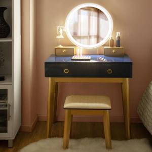 CHARMAID Vanity Desk with Mirror and Lights, White Makeup Vanity Desk with 4 Drawers, 3 Color Lighting Modes, Adjustable Brightness, Modern Dressing Table with Vanity Stool for Girls Small Bedroom(Navy Blue + Warm Wood)