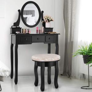 CHARMAID Vanity Set with 360° Rotatable Oval Mirror, Modern Makeup Dressing Table with Cushioned Stool for Girls Women Bedroom, Black(Black)