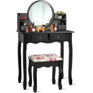 CHARMAID Vanity Set with 4 Storage Shelves and 4 Drawers, Makeup Table with 360° Pivoted Round Mirror and Makeup Organizers, Dressing Table with Mirror and Cushioned Stool for Women Girls (Black)(Black)